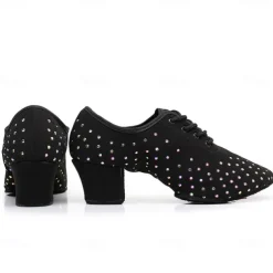 Women's Black Rhinestone Dance Shoes - Sparkling Suede Lace-Up Latin Ballroom Shoes with Comfortable Heel and Non-Slip Sole