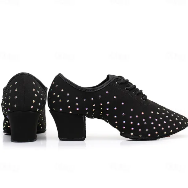 Women's Black Rhinestone Dance Shoes - Sparkling Suede Lace-Up Latin Ballroom Shoes with Comfortable Heel and Non-Slip Sole