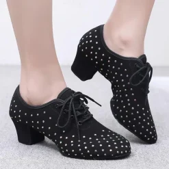 Women's Black Rhinestone Dance Shoes - Sparkling Suede Lace-Up Latin Ballroom Shoes with Comfortable Heel and Non-Slip Sole