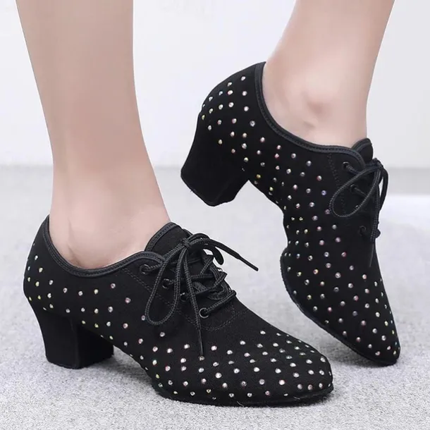 Women's Black Rhinestone Dance Shoes - Sparkling Suede Lace-Up Latin Ballroom Shoes with Comfortable Heel and Non-Slip Sole