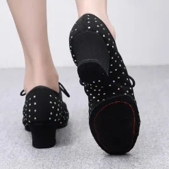 Women's Black Rhinestone Dance Shoes - Sparkling Suede Lace-Up Latin Ballroom Shoes with Comfortable Heel and Non-Slip Sole
