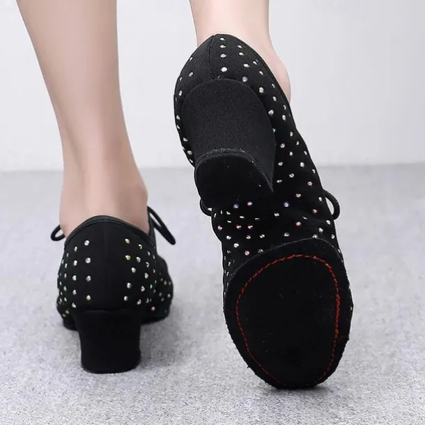 Women's Black Rhinestone Dance Shoes - Sparkling Suede Lace-Up Latin Ballroom Shoes with Comfortable Heel and Non-Slip Sole