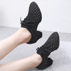 Women's Black Rhinestone Dance Shoes - Sparkling Suede Lace-Up Latin Ballroom Shoes with Comfortable Heel and Non-Slip Sole