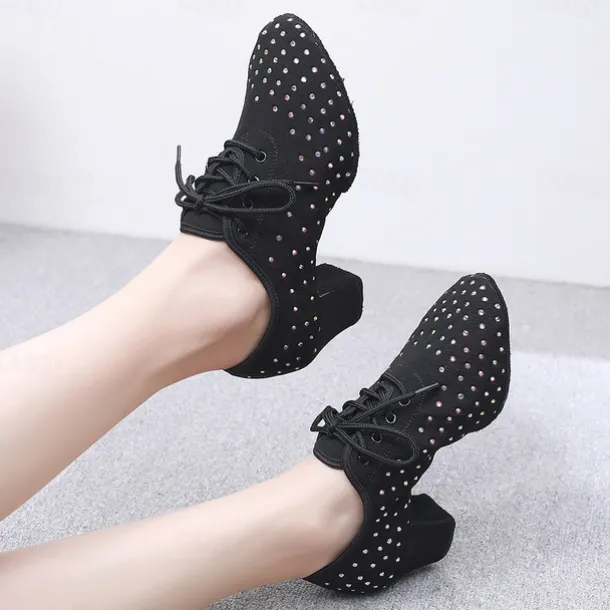 Women's Black Rhinestone Dance Shoes - Sparkling Suede Lace-Up Latin Ballroom Shoes with Comfortable Heel and Non-Slip Sole