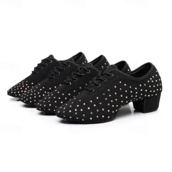 Women's Black Rhinestone Dance Shoes - Sparkling Suede Lace-Up Latin Ballroom Shoes with Comfortable Heel and Non-Slip Sole