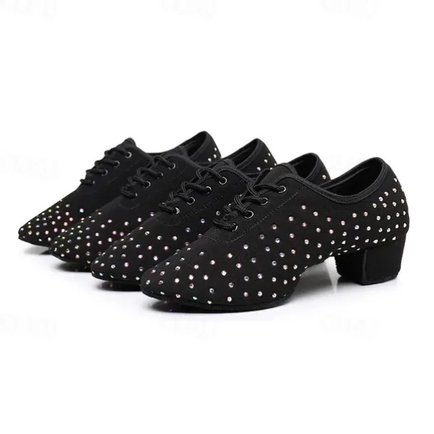 Women's Black Rhinestone Dance Shoes - Sparkling Suede Lace-Up Latin Ballroom Shoes with Comfortable Heel and Non-Slip Sole