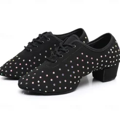 Women's Black Rhinestone Dance Shoes - Sparkling Suede Lace-Up Latin Ballroom Shoes with Comfortable Heel and Non-Slip Sole