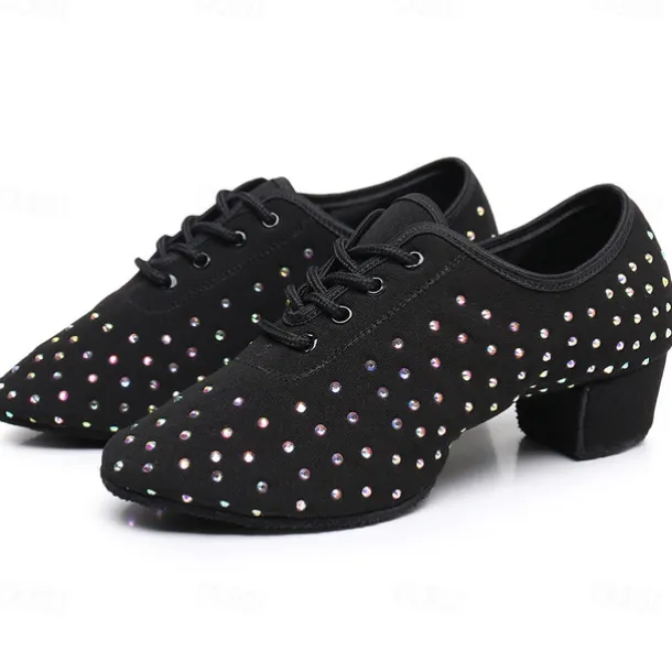 Women's Black Rhinestone Dance Shoes - Sparkling Suede Lace-Up Latin Ballroom Shoes with Comfortable Heel and Non-Slip Sole