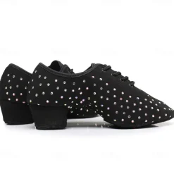 Women's Black Rhinestone Dance Shoes - Sparkling Suede Lace-Up Latin Ballroom Shoes with Comfortable Heel and Non-Slip Sole