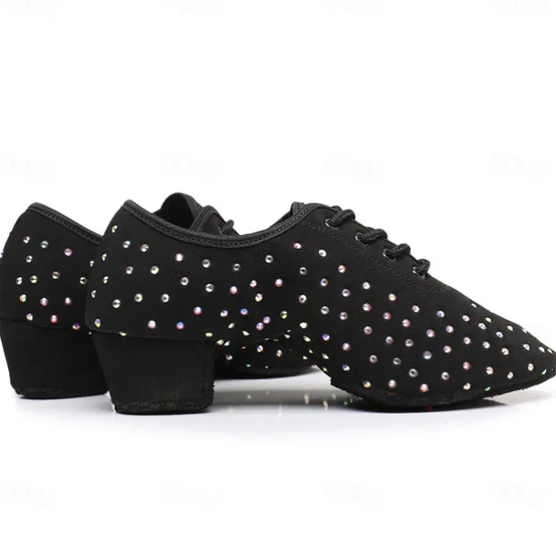 Women's Black Rhinestone Dance Shoes - Sparkling Suede Lace-Up Latin Ballroom Shoes with Comfortable Heel and Non-Slip Sole