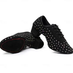 Women's Black Rhinestone Dance Shoes - Sparkling Suede Lace-Up Latin Ballroom Shoes with Comfortable Heel and Non-Slip Sole