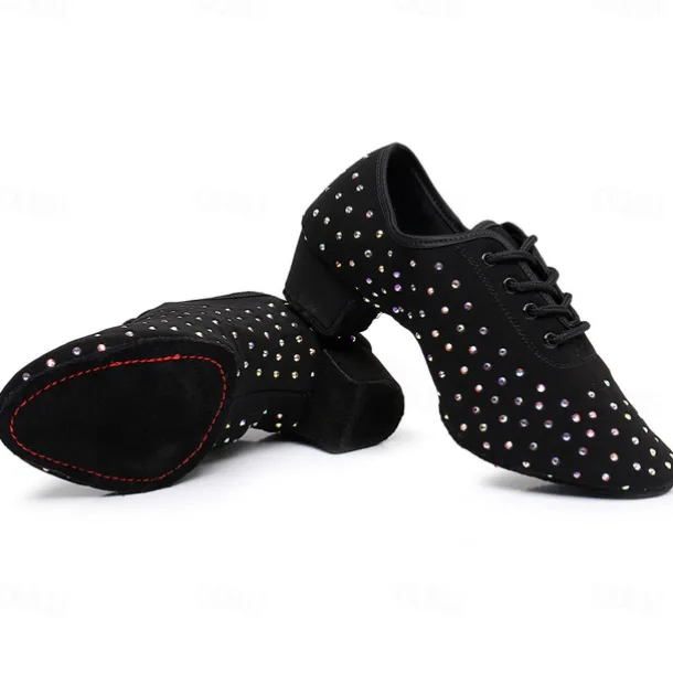 Women's Black Rhinestone Dance Shoes - Sparkling Suede Lace-Up Latin Ballroom Shoes with Comfortable Heel and Non-Slip Sole