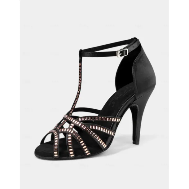 Women's Black Rhinestone T-Strap Latin Dance Shoes – Professional Ballroom Performance Heels
