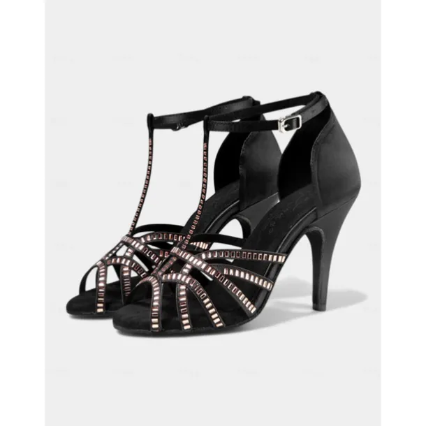 Women's Black Rhinestone T-Strap Latin Dance Shoes – Professional Ballroom Performance Heels