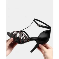 Women's Black Rhinestone T-Strap Latin Dance Shoes – Professional Ballroom Performance Heels