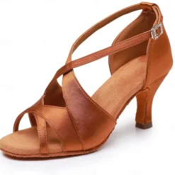 Women's Black Satin Cross-Strap Ballroom Dance Shoes with Open Toe, Perfect Heels for Latin and Salsa Dancing