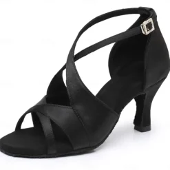 Women's Black Satin Cross-Strap Ballroom Dance Shoes with Open Toe, Perfect Heels for Latin and Salsa Dancing