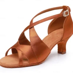 Women's Black Satin Cross-Strap Ballroom Dance Shoes with Open Toe, Perfect Heels for Latin and Salsa Dancing