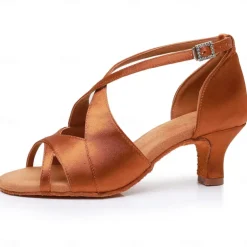 Women's Black Satin Cross-Strap Ballroom Dance Shoes with Open Toe, Perfect Heels for Latin and Salsa Dancing