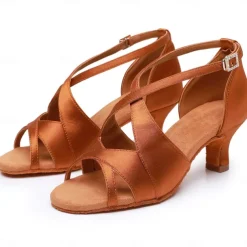 Women's Black Satin Cross-Strap Ballroom Dance Shoes with Open Toe, Perfect Heels for Latin and Salsa Dancing