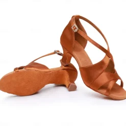 Women's Black Satin Cross-Strap Ballroom Dance Shoes with Open Toe, Perfect Heels for Latin and Salsa Dancing