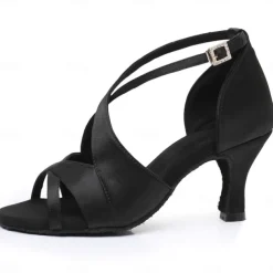 Women's Black Satin Cross-Strap Ballroom Dance Shoes with Open Toe, Perfect Heels for Latin and Salsa Dancing
