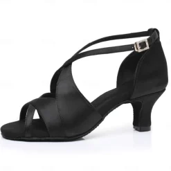 Women's Black Satin Cross-Strap Ballroom Dance Shoes with Open Toe, Perfect Heels for Latin and Salsa Dancing