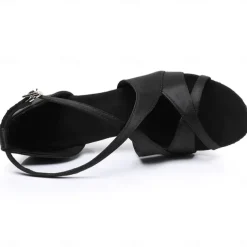 Women's Black Satin Cross-Strap Ballroom Dance Shoes with Open Toe, Perfect Heels for Latin and Salsa Dancing
