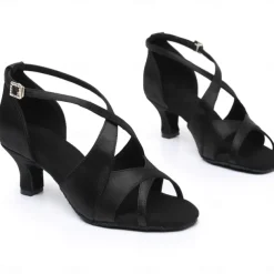 Women's Black Satin Cross-Strap Ballroom Dance Shoes with Open Toe, Perfect Heels for Latin and Salsa Dancing