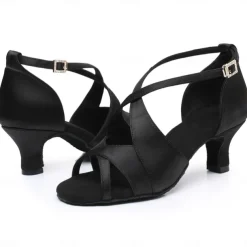 Women's Black Satin Cross-Strap Ballroom Dance Shoes with Open Toe, Perfect Heels for Latin and Salsa Dancing