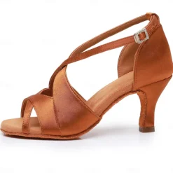 Women's Black Satin Cross-Strap Ballroom Dance Shoes with Open Toe, Perfect Heels for Latin and Salsa Dancing