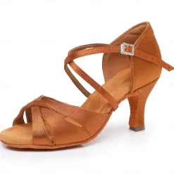 Women's Black Satin Cross-Strap Ballroom Dance Shoes with Rhinestone Buckle, Comfortable Heels for Latin and Salsa Dancing