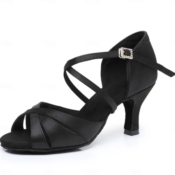 Women's Black Satin Cross-Strap Ballroom Dance Shoes with Rhinestone Buckle, Comfortable Heels for Latin and Salsa Dancing
