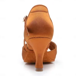 Women's Black Satin Cross-Strap Ballroom Dance Shoes with Rhinestone Buckle, Comfortable Heels for Latin and Salsa Dancing