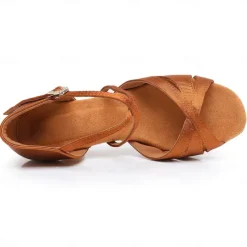 Women's Black Satin Cross-Strap Ballroom Dance Shoes with Rhinestone Buckle, Comfortable Heels for Latin and Salsa Dancing