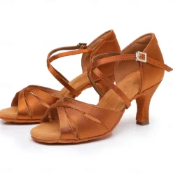 Women's Black Satin Cross-Strap Ballroom Dance Shoes with Rhinestone Buckle, Comfortable Heels for Latin and Salsa Dancing