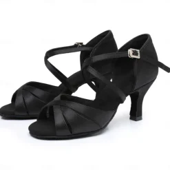 Women's Black Satin Cross-Strap Ballroom Dance Shoes with Rhinestone Buckle, Comfortable Heels for Latin and Salsa Dancing