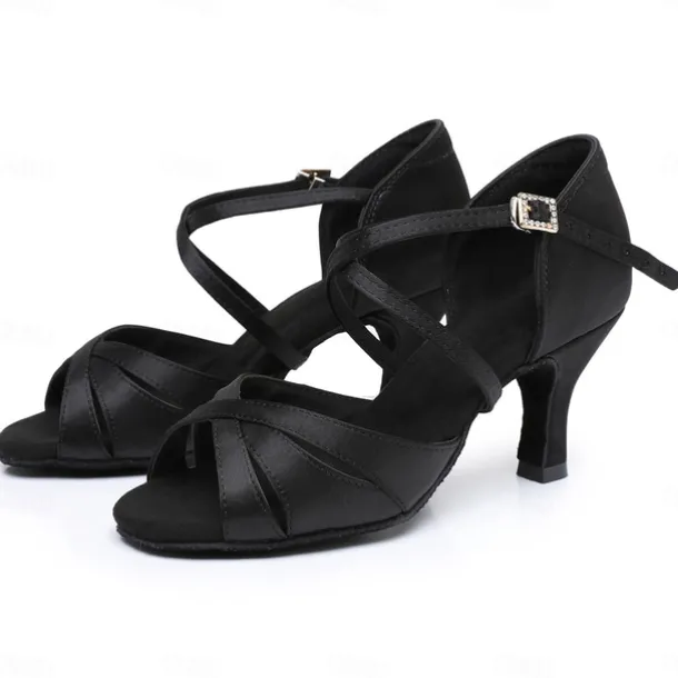 Women's Black Satin Cross-Strap Ballroom Dance Shoes with Rhinestone Buckle, Comfortable Heels for Latin and Salsa Dancing