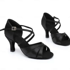 Women's Black Satin Cross-Strap Ballroom Dance Shoes with Rhinestone Buckle, Comfortable Heels for Latin and Salsa Dancing