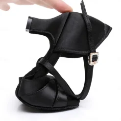 Women's Black Satin Cross-Strap Ballroom Dance Shoes with Rhinestone Buckle, Comfortable Heels for Latin and Salsa Dancing