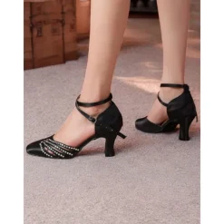 Women's Black Satin Dance Shoes with Rhinestone Straps, Soft Suede Sole and Mid-Heels – Perfect for Latin, Salsa, and Ballroom Dancing