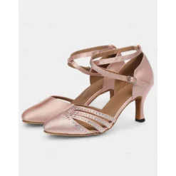 Women's Black Satin Dance Shoes with Rhinestone Straps, Soft Suede Sole and Mid-Heels – Perfect for Latin, Salsa, and Ballroom Dancing