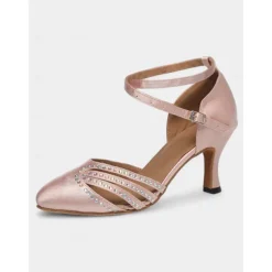 Women's Black Satin Dance Shoes with Rhinestone Straps, Soft Suede Sole and Mid-Heels – Perfect for Latin, Salsa, and Ballroom Dancing