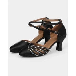Women's Black Satin Dance Shoes with Rhinestone Straps, Soft Suede Sole and Mid-Heels – Perfect for Latin, Salsa, and Ballroom Dancing