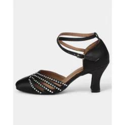 Women's Black Satin Dance Shoes with Rhinestone Straps, Soft Suede Sole and Mid-Heels – Perfect for Latin, Salsa, and Ballroom Dancing