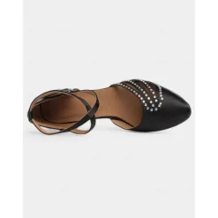 Women's Black Satin Dance Shoes with Rhinestone Straps, Soft Suede Sole and Mid-Heels – Perfect for Latin, Salsa, and Ballroom Dancing