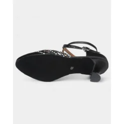 Women's Black Satin Dance Shoes with Rhinestone Straps, Soft Suede Sole and Mid-Heels – Perfect for Latin, Salsa, and Ballroom Dancing
