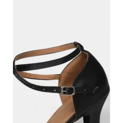 Women's Black Satin Dance Shoes with Rhinestone Straps, Soft Suede Sole and Mid-Heels – Perfect for Latin, Salsa, and Ballroom Dancing