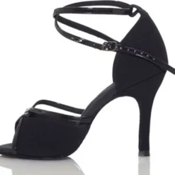 Women's Black Satin Dance Heels with Soft Suede Sole – Elegant Open-Toe Design with Ankle Strap for Latin and Ballroom Dance