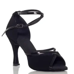 Women's Black Satin Dance Heels with Soft Suede Sole – Elegant Open-Toe Design with Ankle Strap for Latin and Ballroom Dance